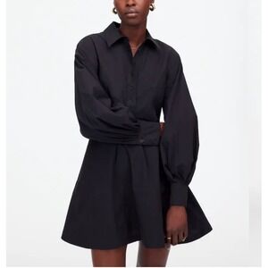 Madewell Long Sleeve Mini Shirtdress Women's 10 Black Poplin Seamed A-Line NWT